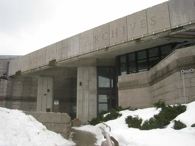 Exterior view of the Massachusetts Archives, Boston, Massachusetts, USA. Massachusetts archives and vital records for name research