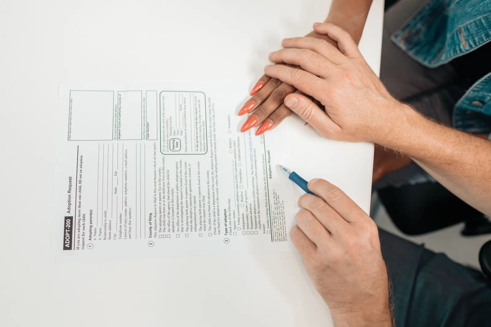 A couple fills out an adoption request form, highlighting commitment and future family planning. Privacy Safe Family Profiles: History, Law and Codes