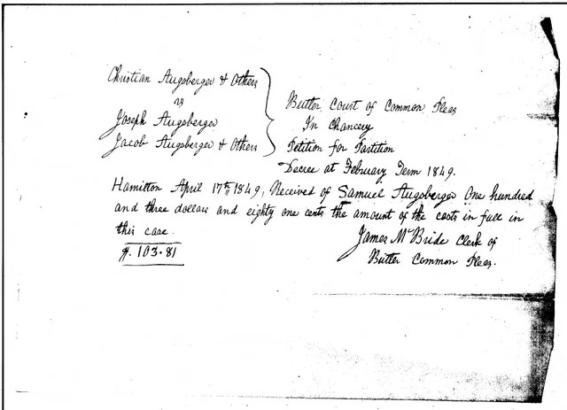 This document details the monetary sum received by James McBride, Clerk, Butler County Common Pleas Court, from Samuel Augspurger, one of the Administrators of the Estate of Christian Augspurger. Celebrity lineage probate court: documents and pitfalls
